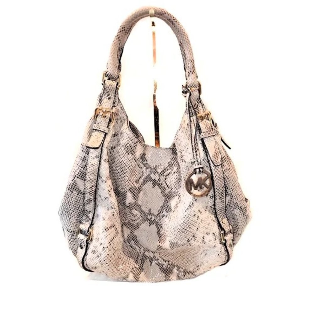 Authentic Michael Kors Beige Python Effect Leather/Suede Bedford Hobo